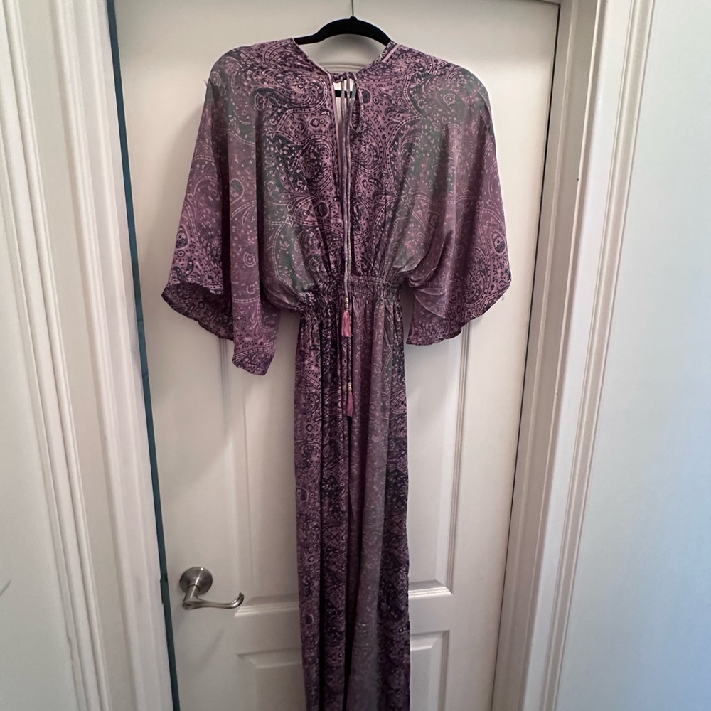 Silky, Purple and Green V Neck Dress, Sz Medium